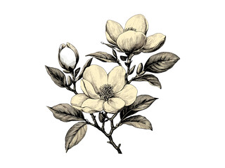 Hand-drawn Magnolia Tree vintage engraving, botanical floral print, magnolia flowers, spring decor, retro nature sketch, old engraving style, eco-friendly drawing, black ink art