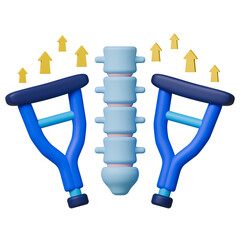 Spine rehabilitation 3d icon with crutches support, spine and upward arrow.