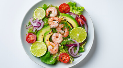 Fresh shrimp and avocado salad with cherry tomatoes, red onion, lime, and mixed greens, ideal for light, healthy, and nutritious lunch or dinner