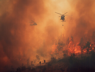 Fototapeta premium Wildfire Fighting Efforts Amid Forest Blaze and Thick Smoke