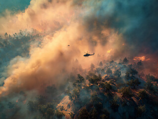Fototapeta premium Wildfire Fighting Efforts Amid Forest Blaze and Thick Smoke