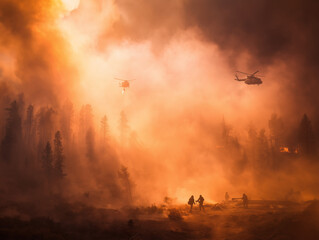 Wildfire Fighting Efforts Amid Forest Blaze and Thick Smoke