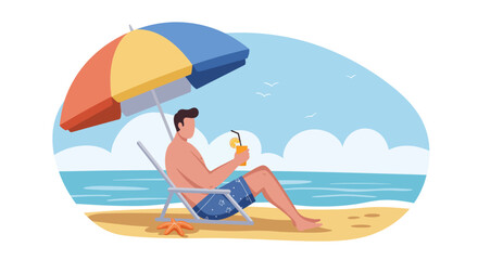 Relaxing Beach Scene: Man Under Umbrella Sipping Drink Summer Vacation.