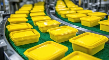 Rows of sandwich containers being filled and sealed automatically in sterile plant