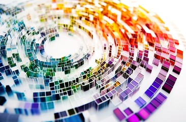 Digital data visualization of colorful pixelated squares and rectangles arranged in an intricate circular pattern, representing the complex nature of big documentary film production