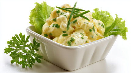 Creamy egg salad with chopped eggs, mayonnaise, and fresh chives on lettuce, garnished with parsley, perfect for lunch, brunch, or deli menus