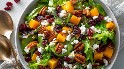 Festive holiday salad with mixed greens, roasted butternut squash, pecans, dried cranberries, and goat cheese, perfect for seasonal or celebration menus