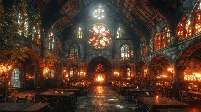 A grand, dimly lit stone hall with stained-glass windows, wooden tables, a fireplace, and hanging lanterns