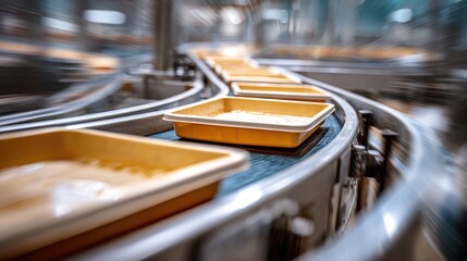 Sealed and labeled food trays traveling through multi-lane conveyor for sorting
