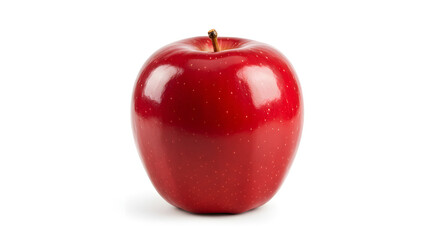 A shiny red apple with a stem isolated on a white background in a studio shot with good lighting