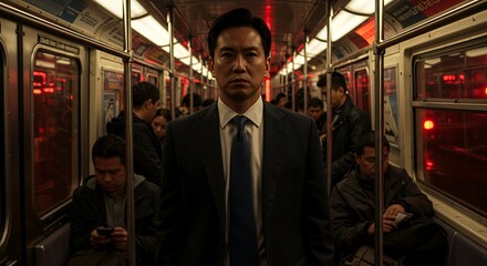 A man in a dark suit stands confidently on a dimly lit car, surrounded by commuters.