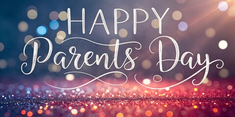 Elegant white script text happy parents day with sparkling bokeh lights and glitter background