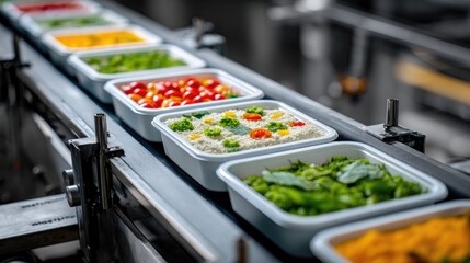Sealed trays of microwaveable meals moving along a conveyor belt in a commercial food factory