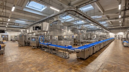 Fototapeta premium Stainless steel food processing machinery in clean factory environment with conveyor system