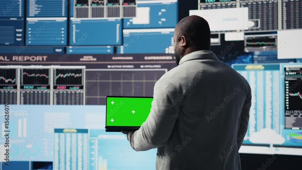 Poster black executive manager studying copy space screen with data insight for business growth, surrounded