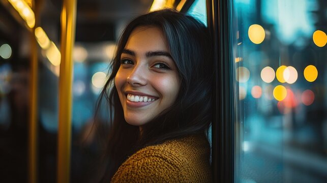 Smiling woman inside transportation vehicle