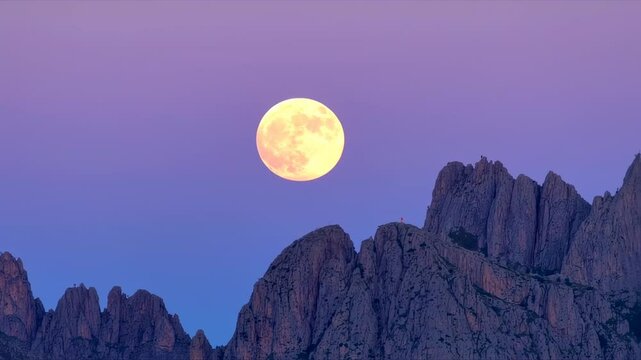 Radiant Full Moon Rising Above Majestic Mountain Peaks at Twilight. Serene Natural Landscape with Lunar Glow and Vibrant Sky.