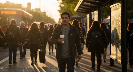 Obraz premium Young man with coffee walks through a bustling city street at sunset, surrounded by commuters.