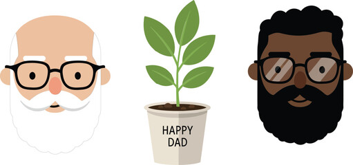 Diverse fathers with glasses and beard next to potted plant labeled Happy Dad for Fathers Day celebration