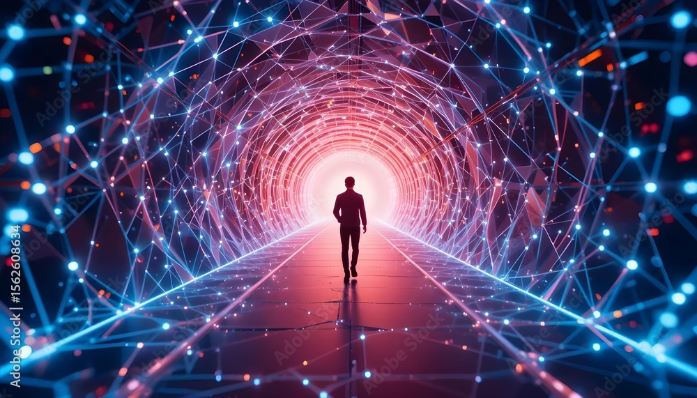 Poster silhouette walking through a data tunnel with bright light and connected lines conveys innovation an