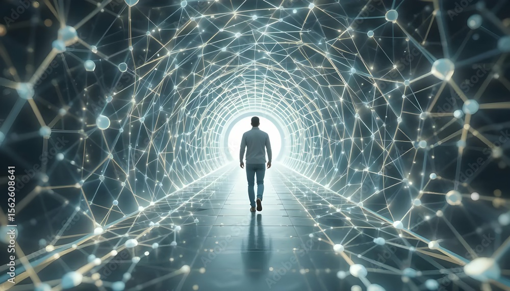 Poster person walks through a digital network tunnel toward a bright future with data connections and virtu