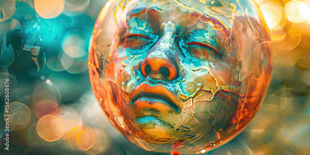 Poster digital rendering of a face within a spheroid