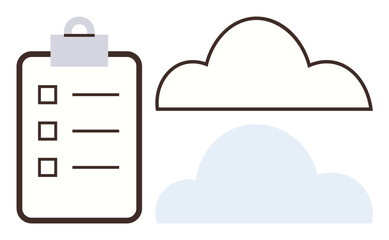Clipboard with a checklist, one outlined and one filled cloud, symbolizing productivity, data management, organization, decision-making, remote work, focus efficiency. Ideal for simple flat metaphor