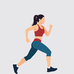A woman with dark hair in a ponytail jogs to the right, wearing a red top and blue capris.