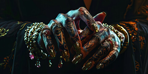 Close-up of Ornate Hands with Tattoos and Gold Jewelry