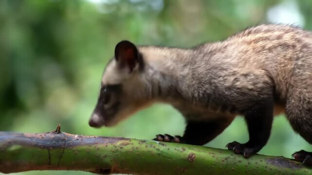 Asian Palm Civet (Luwak Kopi) Walking on Tree Branch in Tropical Forest