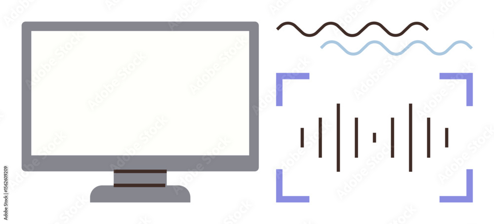 Poster computer monitor showing audio-related elements. wavy lines and sound waves highlight audio playback