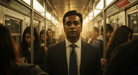 Pensive commuter in a suit stands on a crowded car, lost in thought amidst the urban blur.