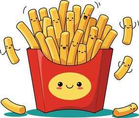 Cartoon french fries box with smiling face and animated fries jumping in red container illustration 