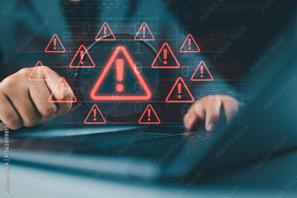 Poster Cyberattack and security alerts concept, network failure dangerous, Caution of spam in website digital technology. Man using magnifying glass focus to error 404 alerts on virtual screen.