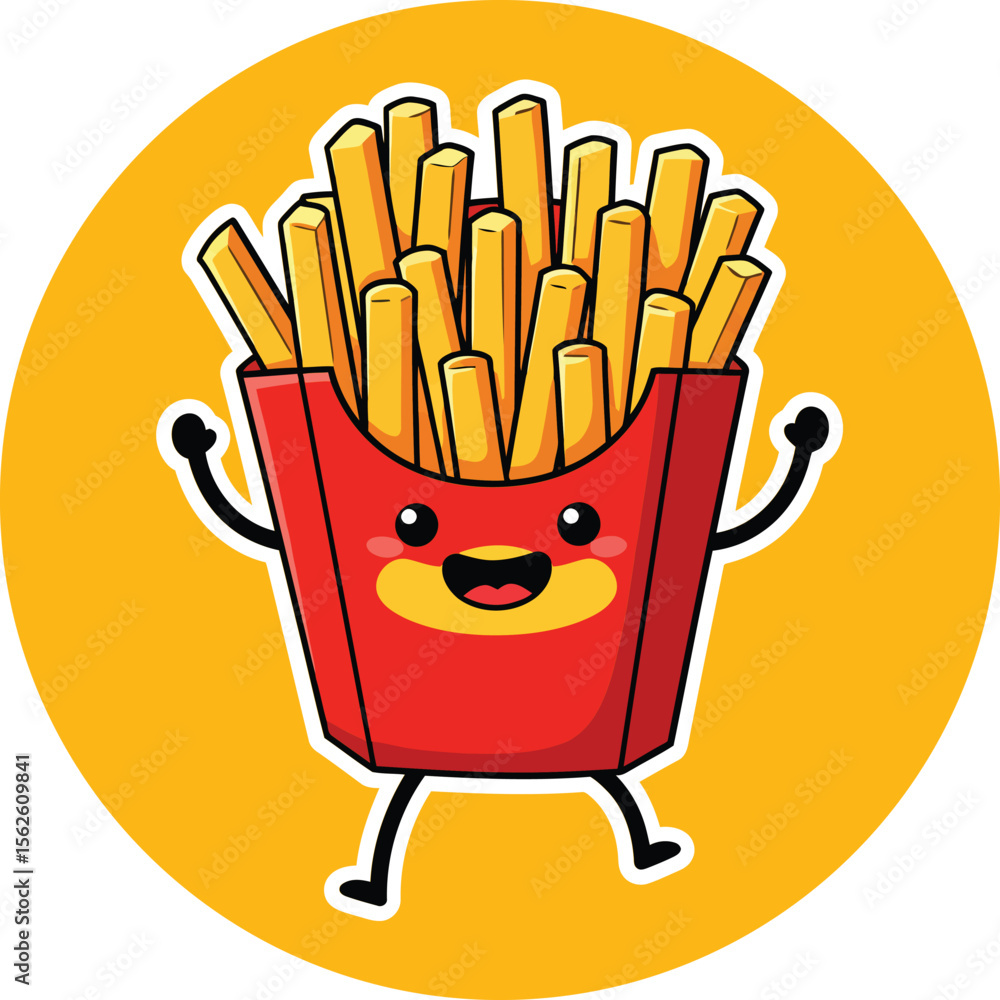Poster animated happy french fries character with red container and yellow background in playful style