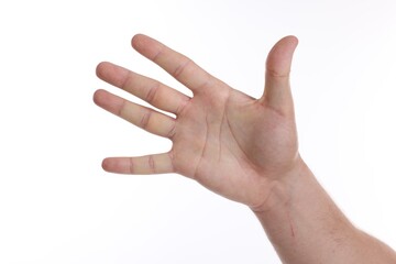 Man showing hand on white background, closeup