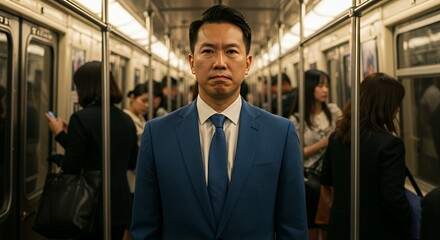Confident businessman in a suit stands on a crowded car, his serious expression reflecting the pressures of city life.