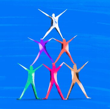 a pyramid of colorful people
