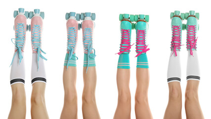 Women in retro roller skates on white background, closeup. Collage