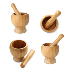 Wooden mortar and pestle isolated on white, collage. Top and side view