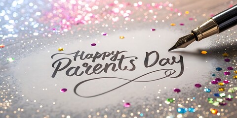 Elegant fountain pen writing happy parents day surrounded by sparkling bokeh and colorful confetti