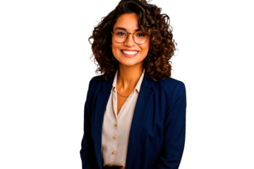 A cheerful businesswoman with glasses and a blazer, ready for success.