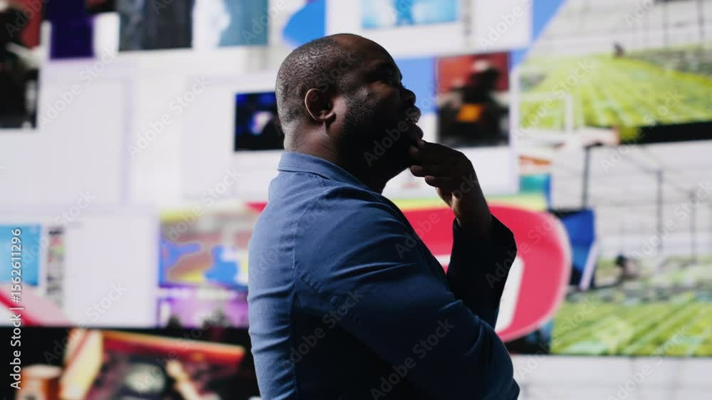 Poster modern black creator exploring digital world through web platforms, reflecting trends in social medi