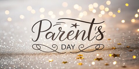 Naklejka premium Elegant parents day greeting with sparkling bokeh lights and golden stars on a textured background