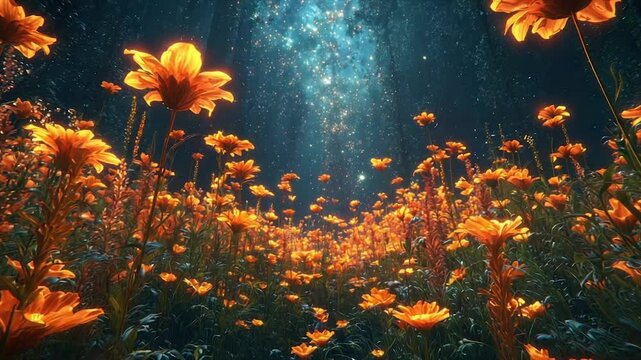 Glowing orange flowers in a mystical night field