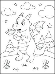 Illustration of a cute baby dragon cartoon character. Black and white Printable dragon coloring page for kids.