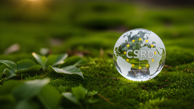 Crystal globe with CSRD text on green moss, symbolizing sustainability and environmental responsibility.