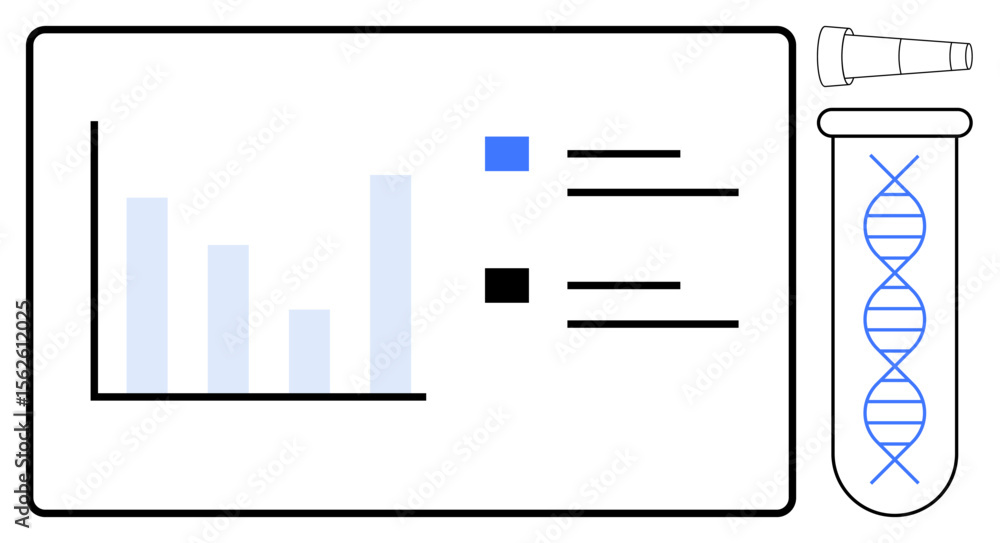 Poster bar chart and data visualization with color legend alongside test tube containing dna helix. ideal f