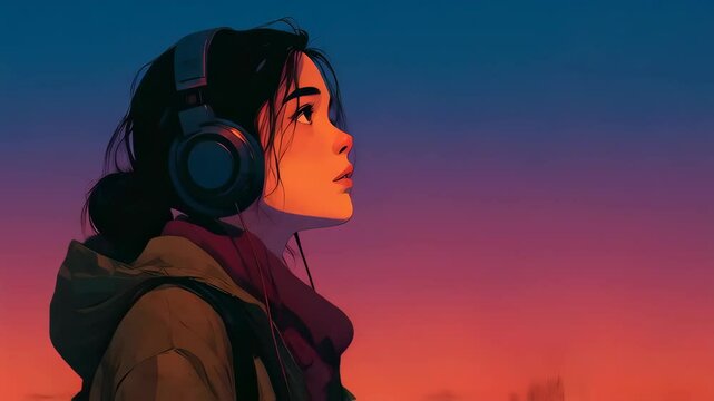 Woman with headphones looking up at sunset sky 4K Seamless loop animation