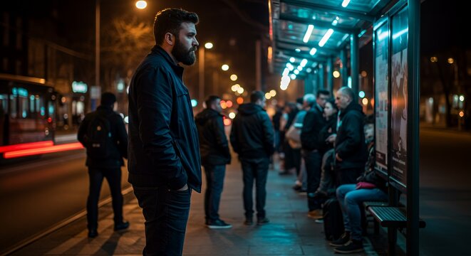 A lone man stands at a nighttime bus stop, lost in thought as city lights blur around him.